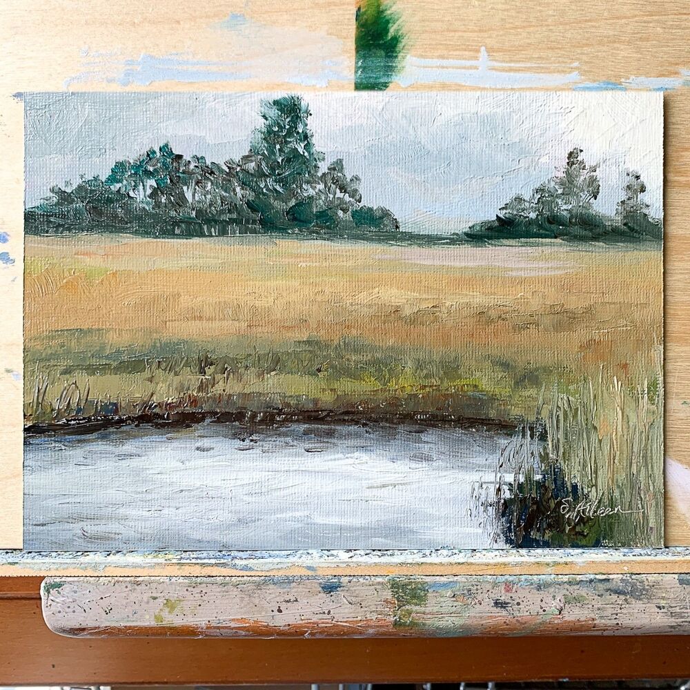 5x7 Original Oil Landscape Painting Marsh Lowcountry Neutral Coastal Art Signed - Picture 2 of 3